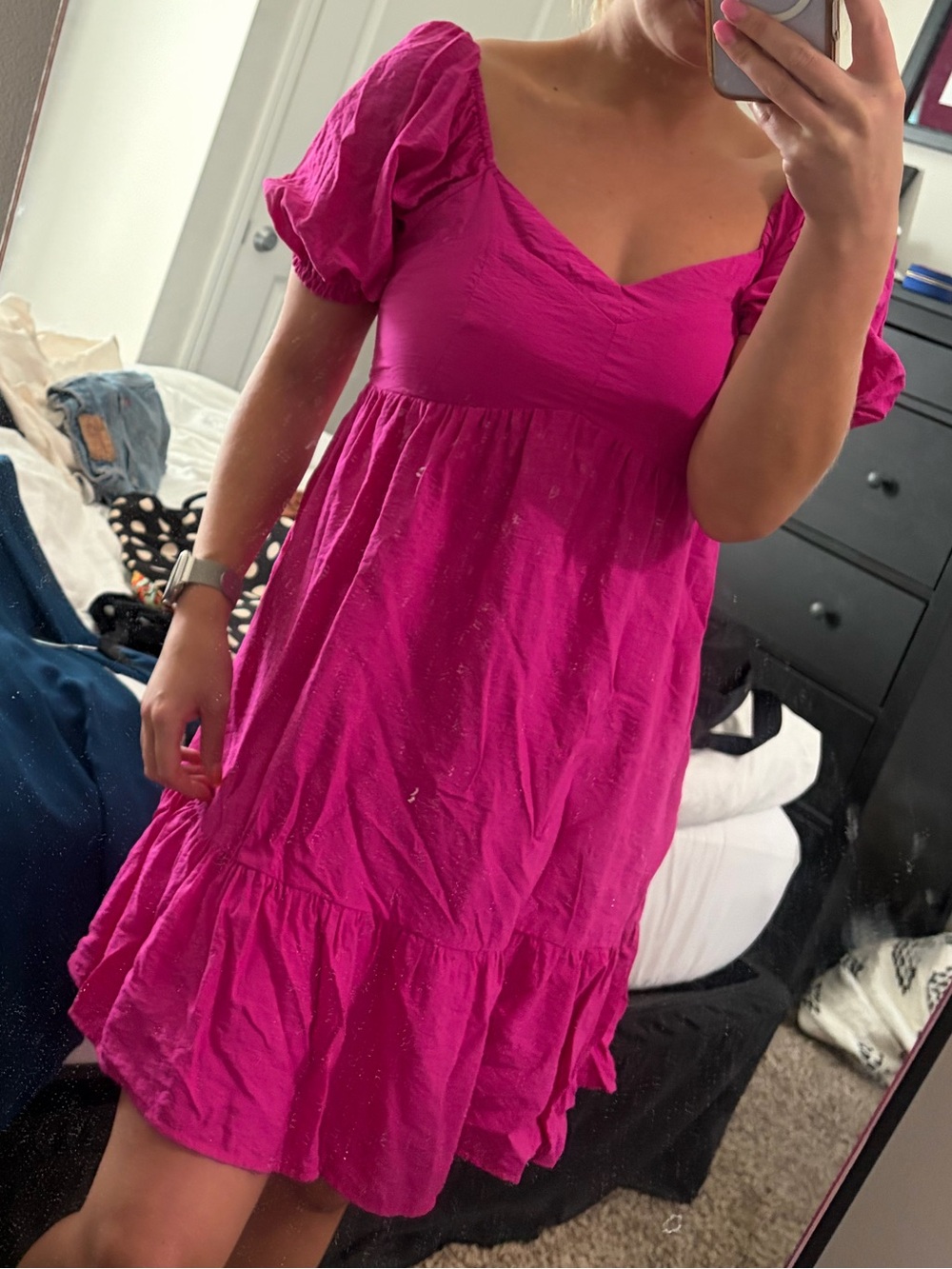 Nine West Bright Fuchsia Puff-Sleeve Babydoll Dress